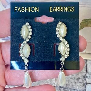 Elegant Pearl and Crystal Drop Earrings Curved Design